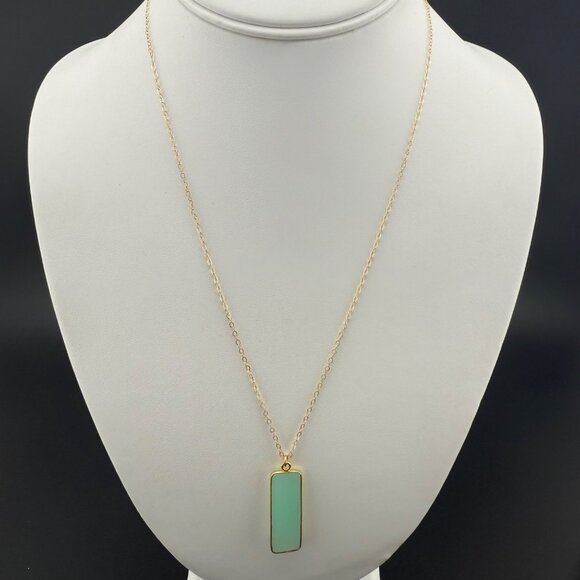 Gold-Filled Rectangle Pendant Necklace Light Green Glass - Picture 2 of 5